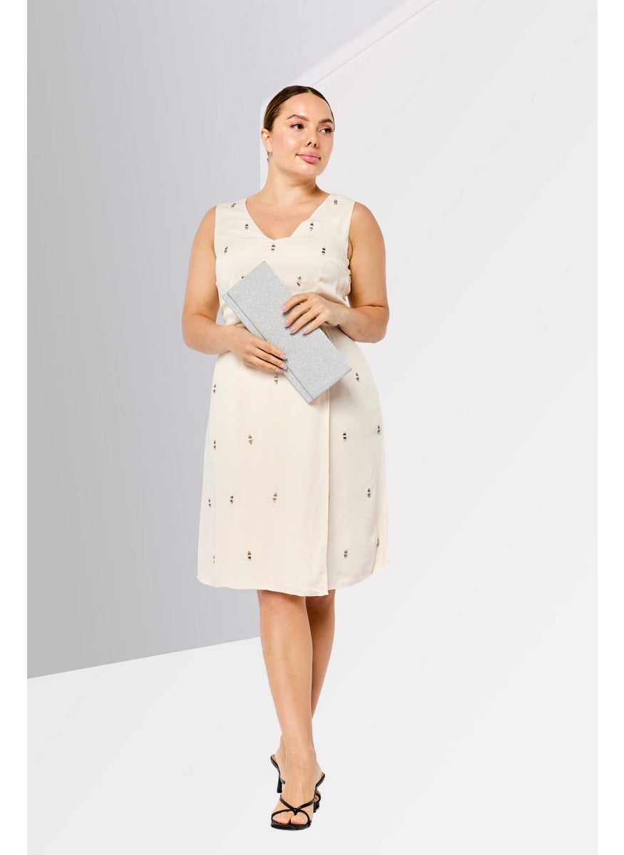 Women Rhinestone Mini Dress, Cream
