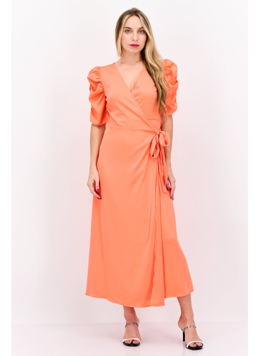 Women Plain Wrap Dress, Bright Orange