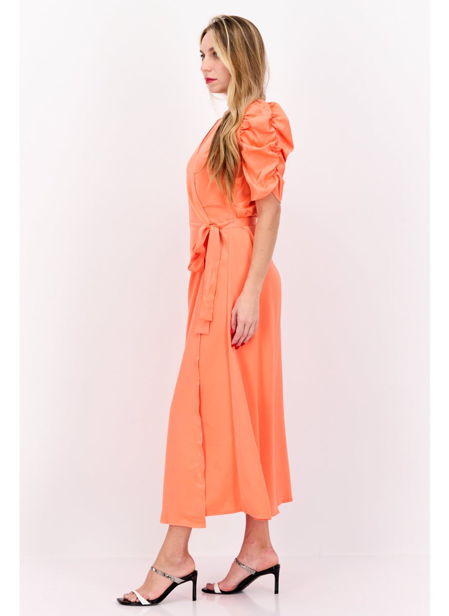 Women Plain Wrap Dress, Bright Orange