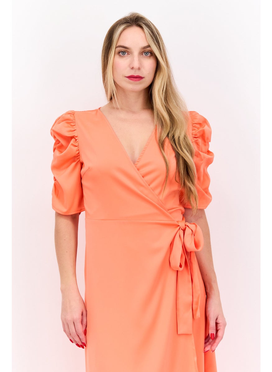 Women Plain Wrap Dress, Bright Orange