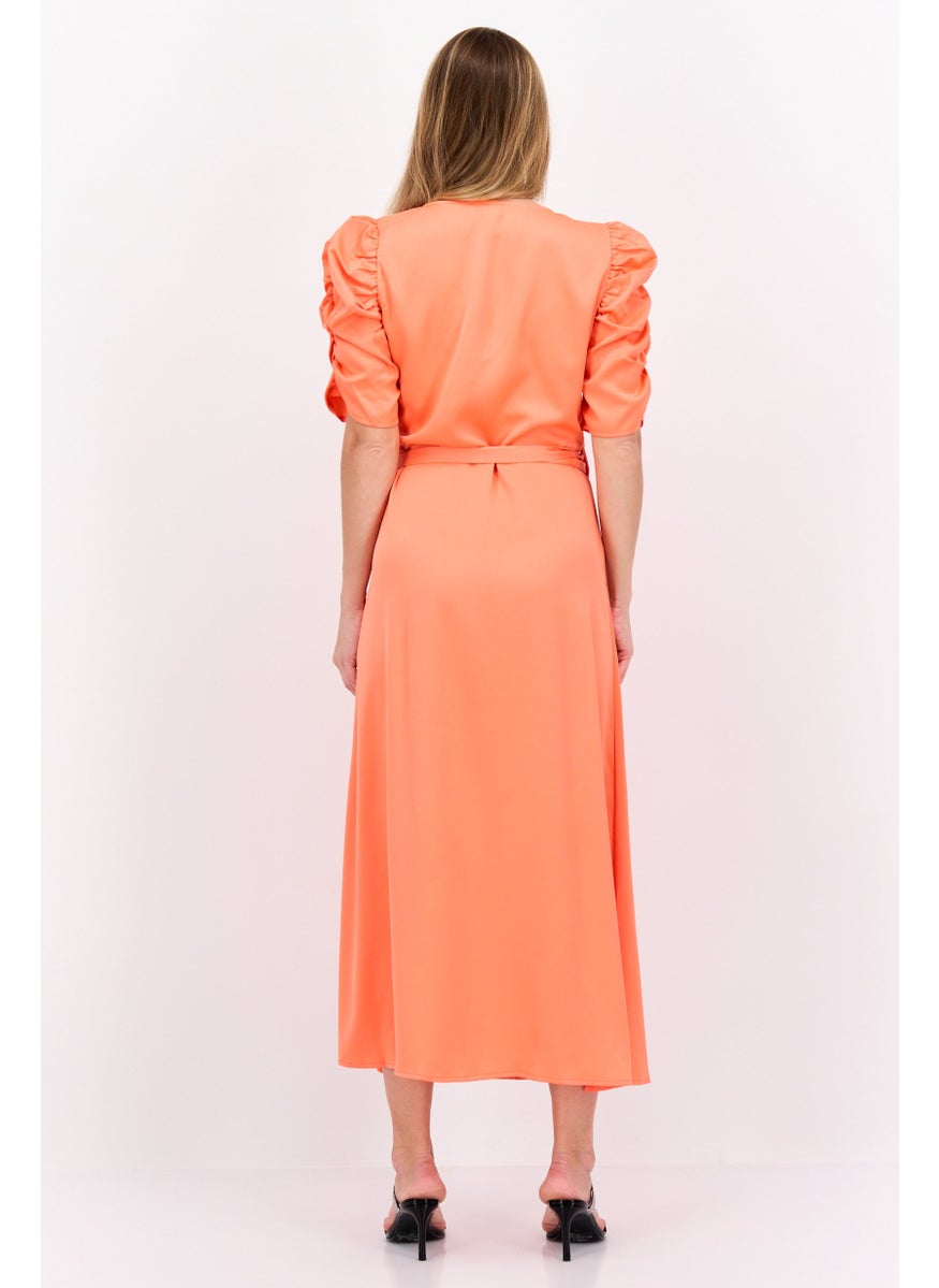 Women Plain Wrap Dress, Bright Orange