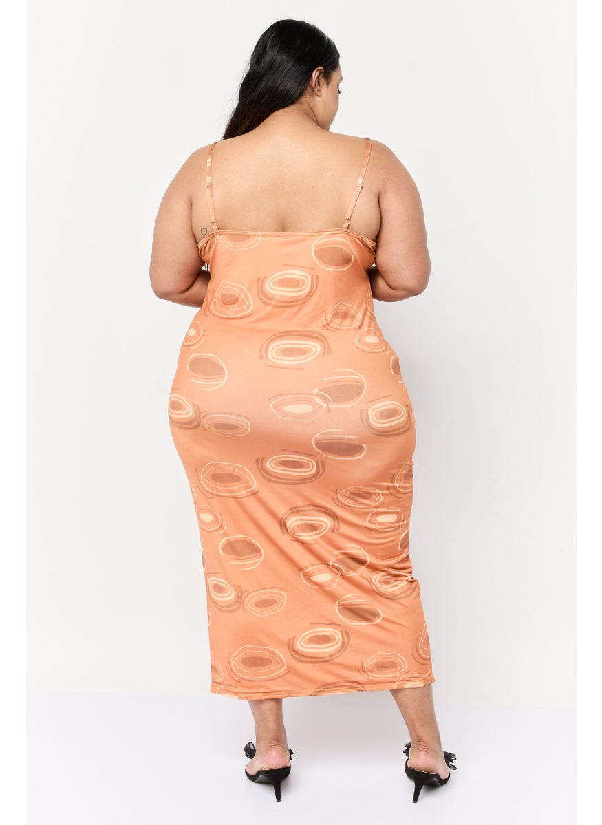 Women Curve Allover Print Bodycon Dress, Brown