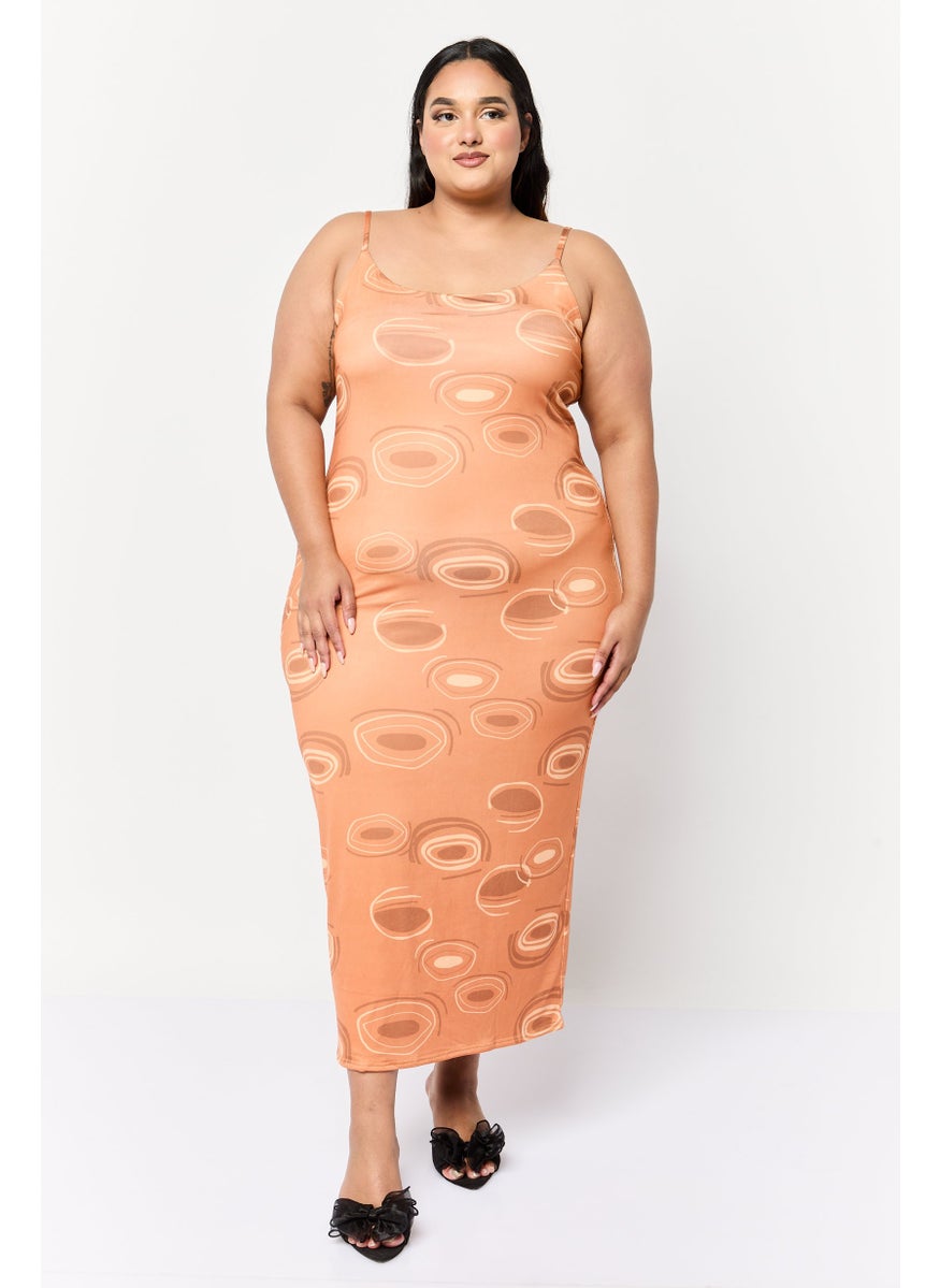 Women Curve Allover Print Bodycon Dress, Brown