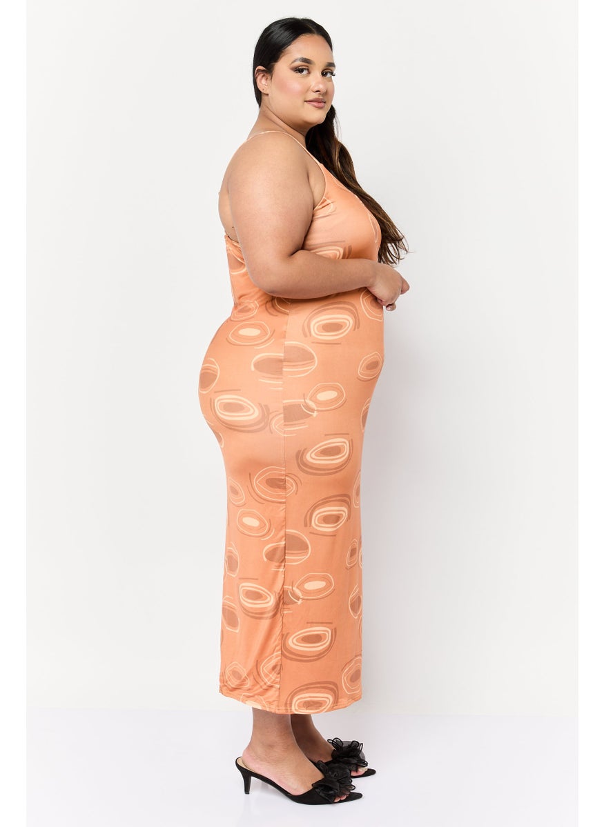 Women Curve Allover Print Bodycon Dress, Brown