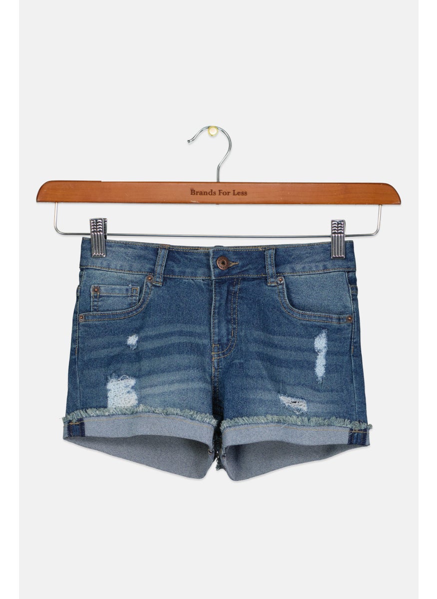 Kids Girl Washed Ripped Denim Short, Blue