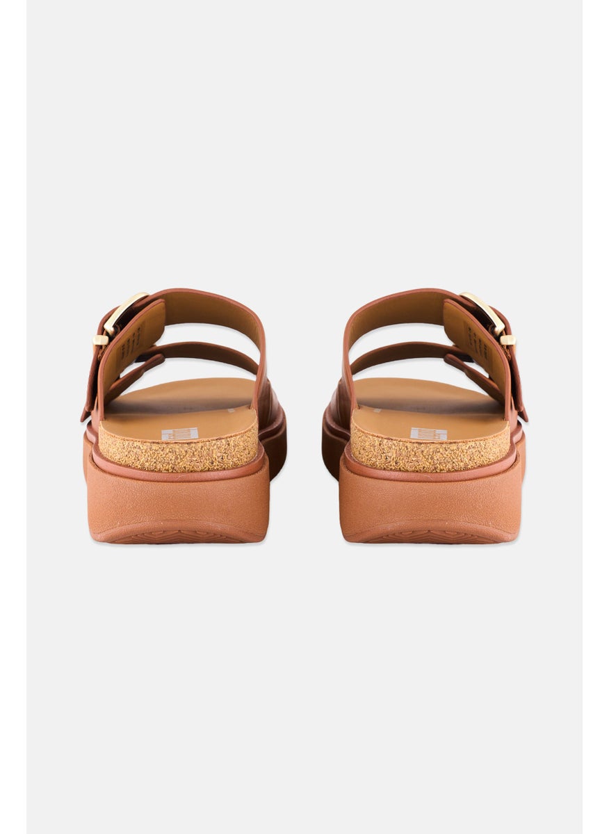 Women  Buckle Leather Two Bar Slides, Light Tan