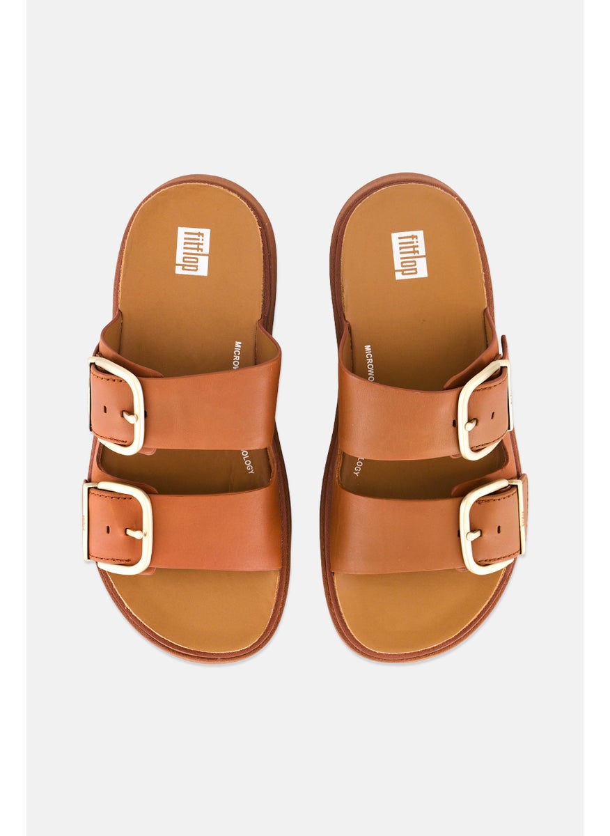 Women  Buckle Leather Two Bar Slides, Light Tan