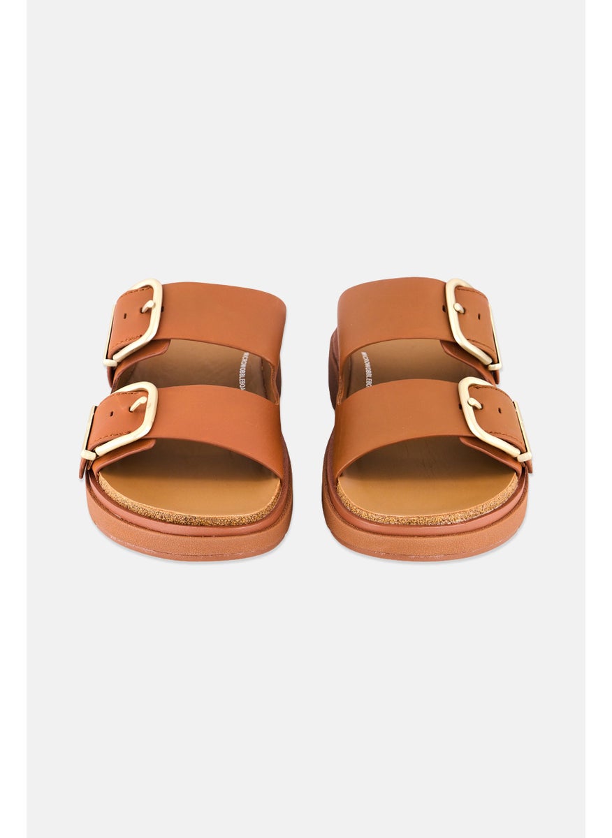 Women  Buckle Leather Two Bar Slides, Light Tan