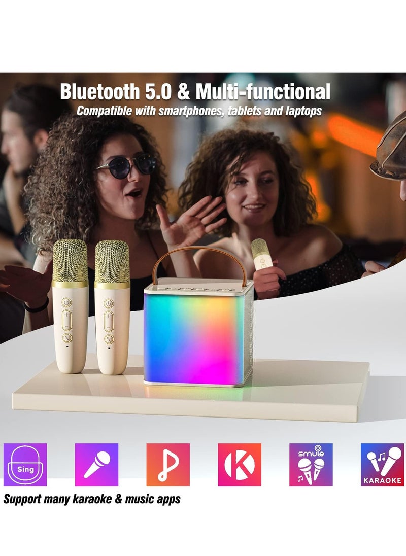 Bluetooth Speaker Beige With 2 Wireless Microphones For Karaoke Play Music Portable  Voice Changing Effects LED Dancing Light Remove Original Singer's Voice For Kids Adults