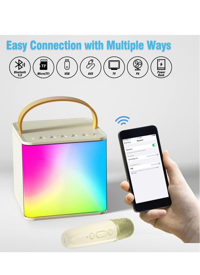 Bluetooth Speaker Beige With 2 Wireless Microphones For Karaoke Play Music Portable  Voice Changing Effects LED Dancing Light Remove Original Singer's Voice For Kids Adults