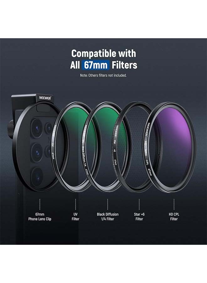 NEEWER 67mm 1/4 Black Diffusion Filter & Cold Shoe Phone Clip for Phone, Includes Carrying Pouch and Lens Cleaning Cloth, Compatible with Galaxy S24 Series iPhone 15 Pro Max 14 Pro Max 13 Pro Max