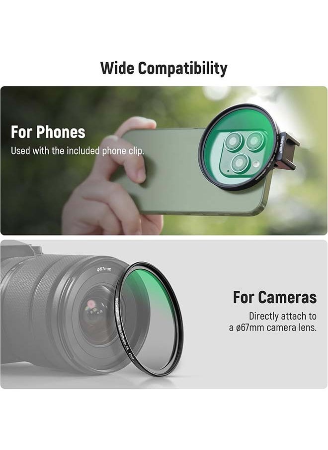 NEEWER 67mm 1/4 Black Diffusion Filter & Cold Shoe Phone Clip for Phone, Includes Carrying Pouch and Lens Cleaning Cloth, Compatible with Galaxy S24 Series iPhone 15 Pro Max 14 Pro Max 13 Pro Max