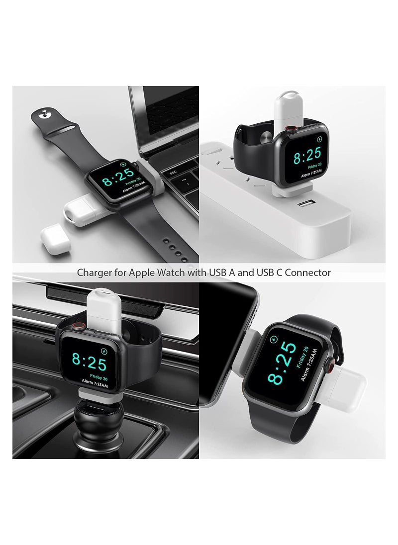 Portable Apple Watch Charger, 2 in 1 Wireless Charger for iWatch with USB-A u0026 USB-C Fast Charging Magnetic Cordless Travel Charger for Apple Watch Series 8 7 SE 6 5 4 3 2 (White)
