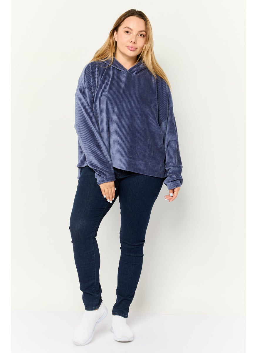 Women Textured Long Sleeves Hooded Sweater, Slate Blue