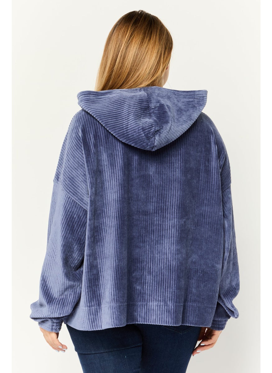 Women Textured Long Sleeves Hooded Sweater, Slate Blue