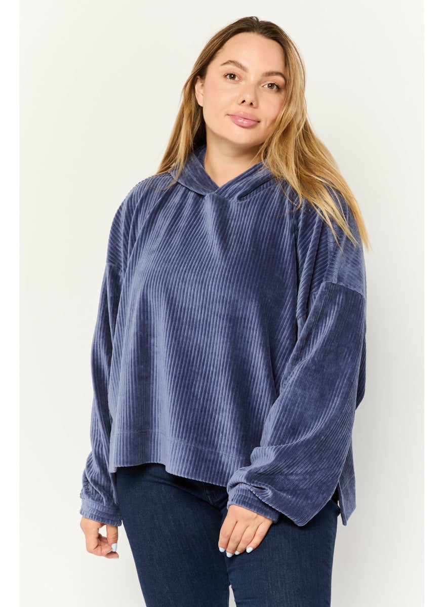 Women Textured Long Sleeves Hooded Sweater, Slate Blue