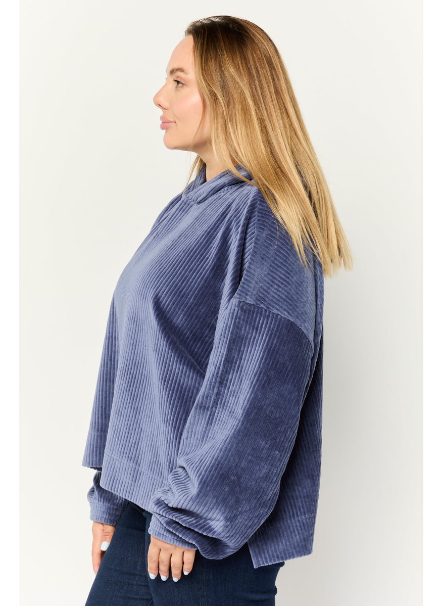Women Textured Long Sleeves Hooded Sweater, Slate Blue