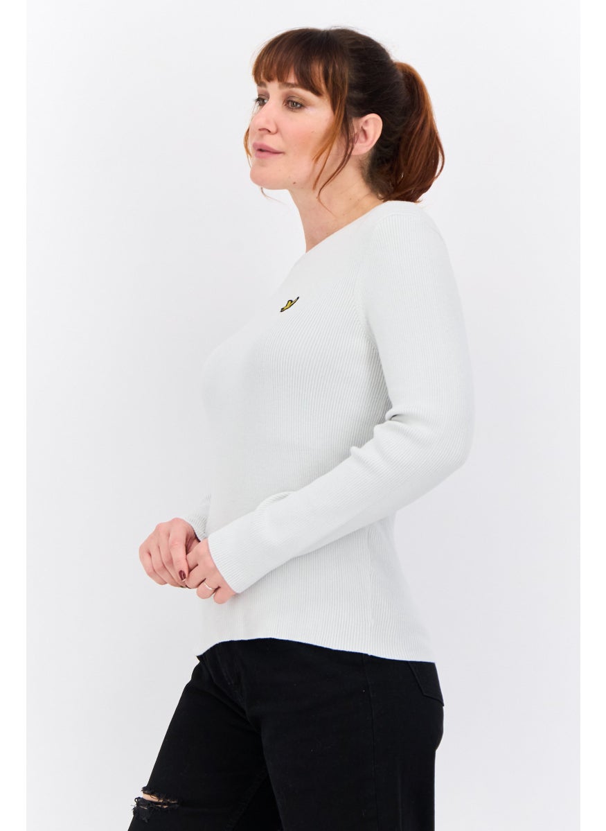 Women Crew Neck Embroidered Logo Ribbed Sweater, Light Grey