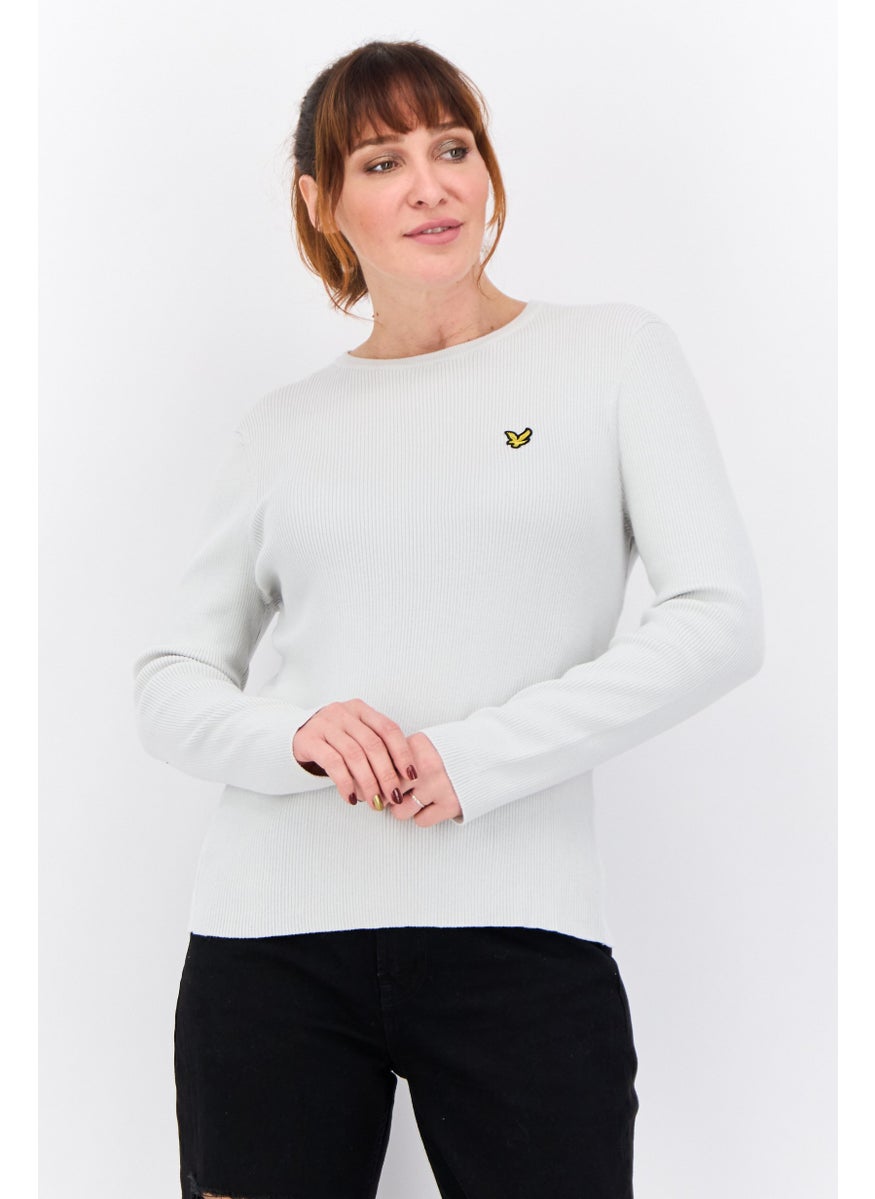 Women Crew Neck Embroidered Logo Ribbed Sweater, Light Grey