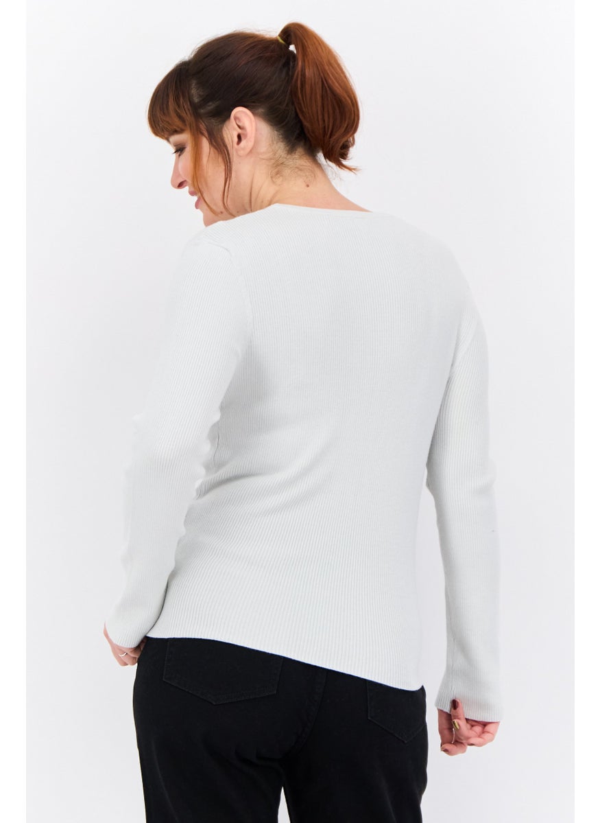 Women Crew Neck Embroidered Logo Ribbed Sweater, Light Grey