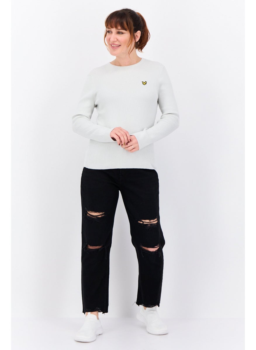 Women Crew Neck Embroidered Logo Ribbed Sweater, Light Grey
