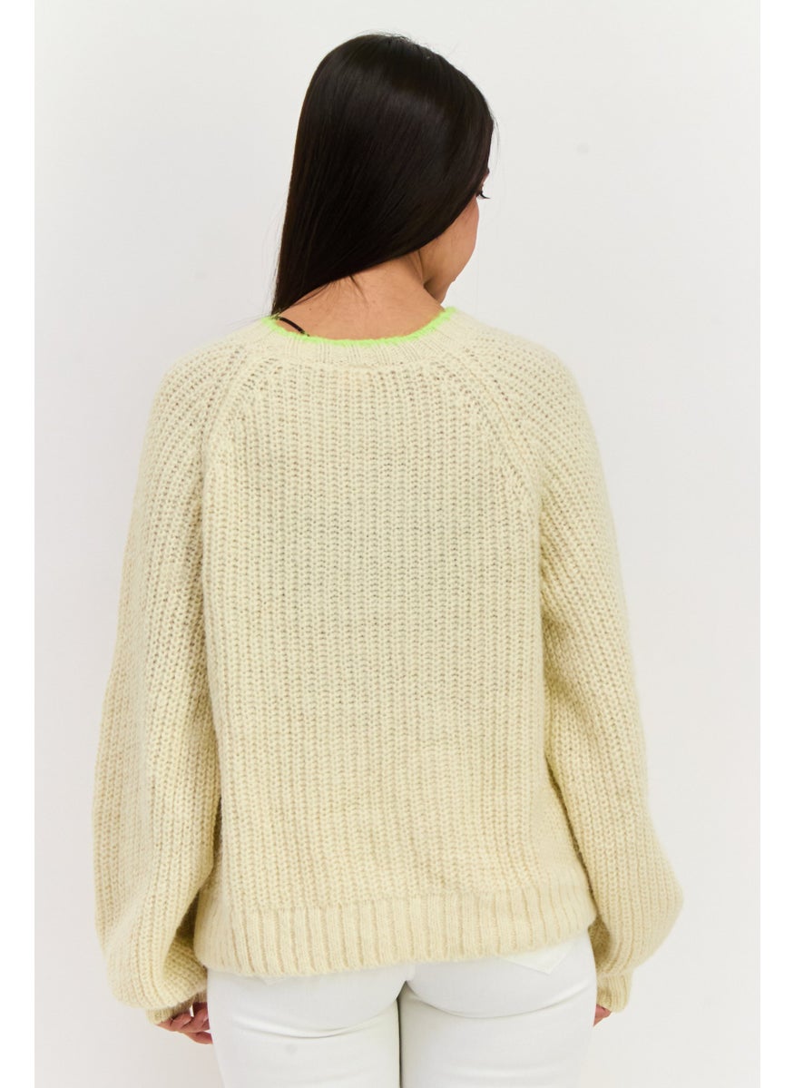 Women Crew Neck Knitted Sweater, Beige