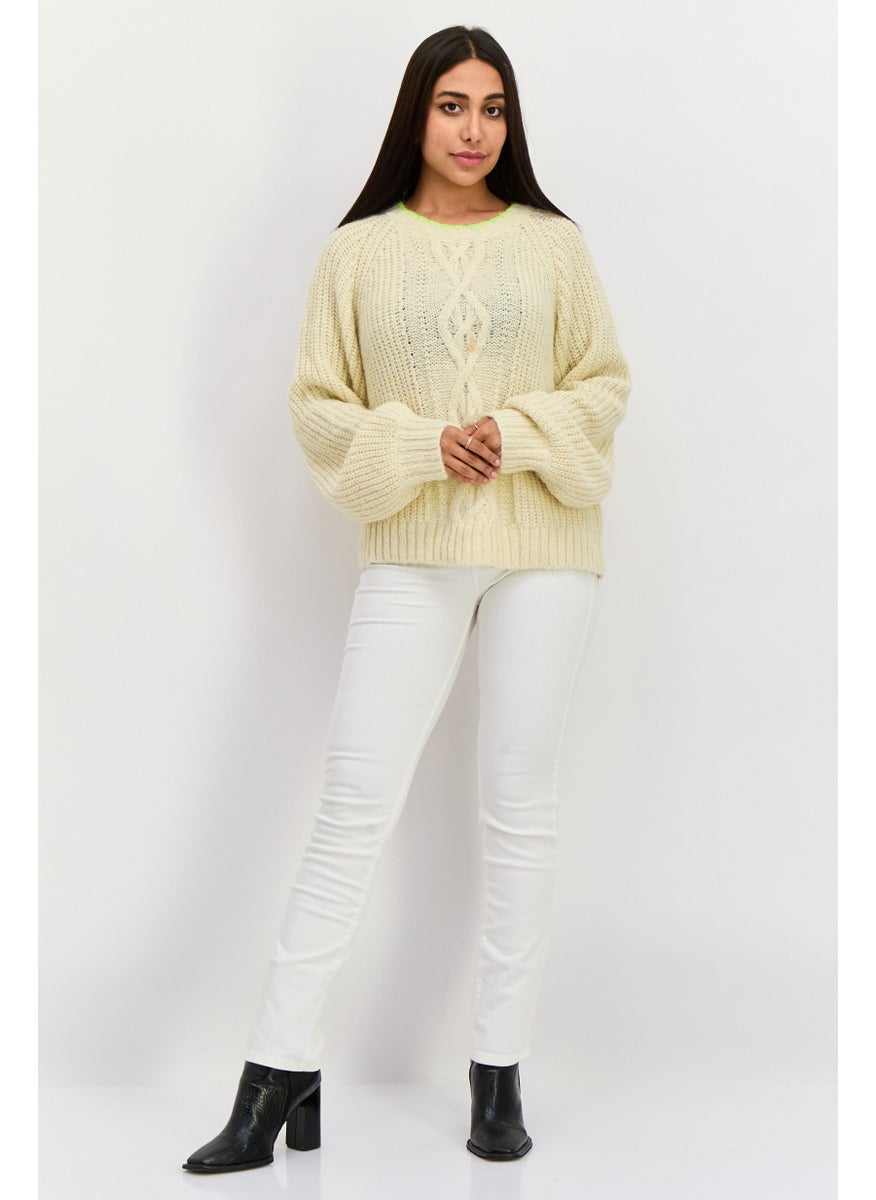Women Crew Neck Knitted Sweater, Beige
