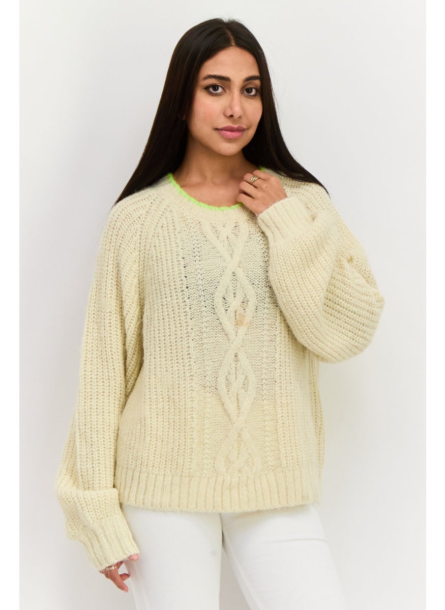 Women Crew Neck Knitted Sweater, Beige