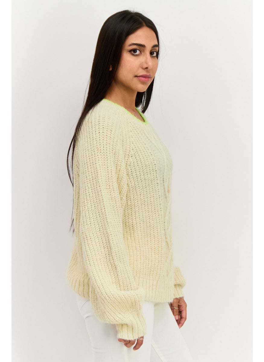 Women Crew Neck Knitted Sweater, Beige