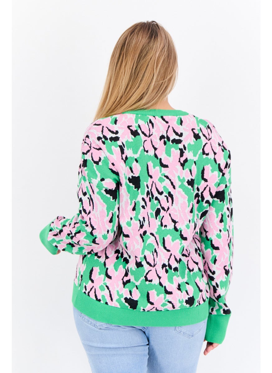 Women Crew Neck Long Sleeves Allover Print Sweater, Pink