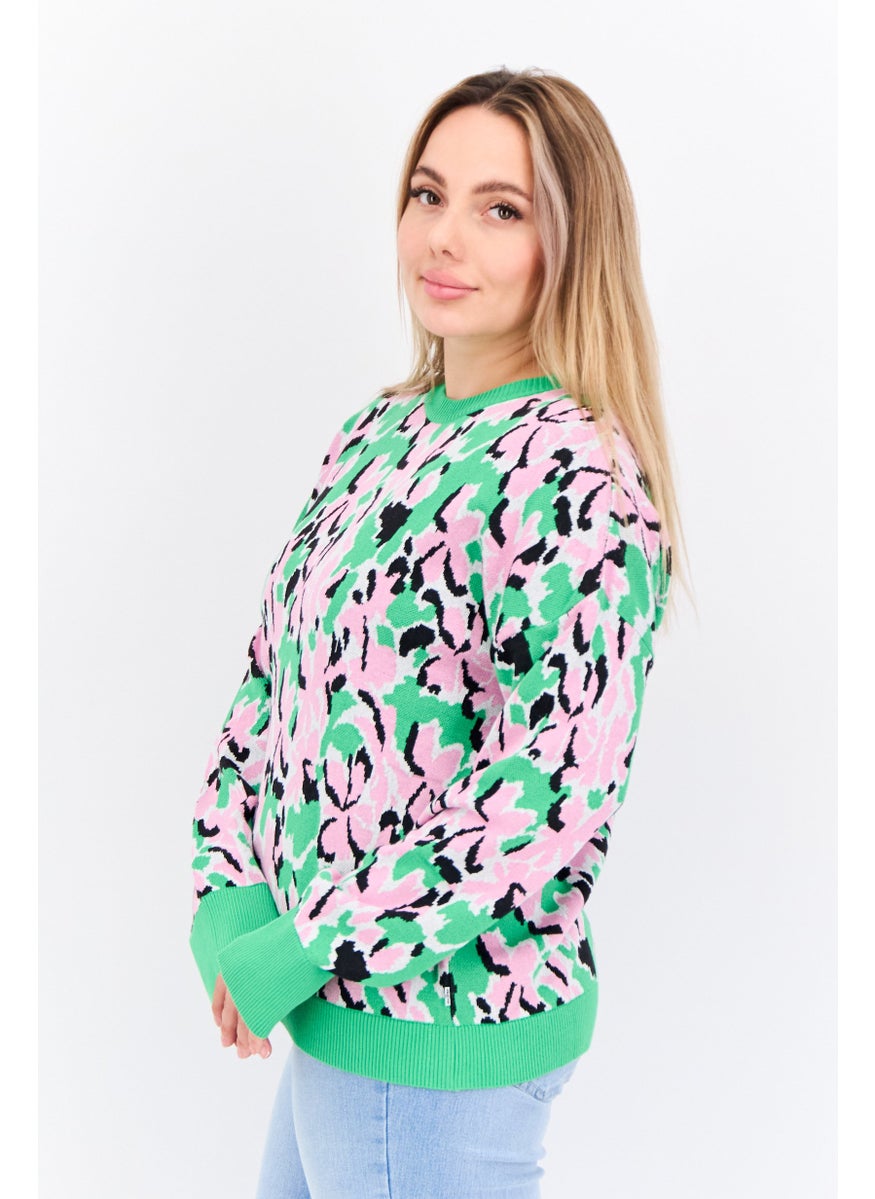 Women Crew Neck Long Sleeves Allover Print Sweater, Pink