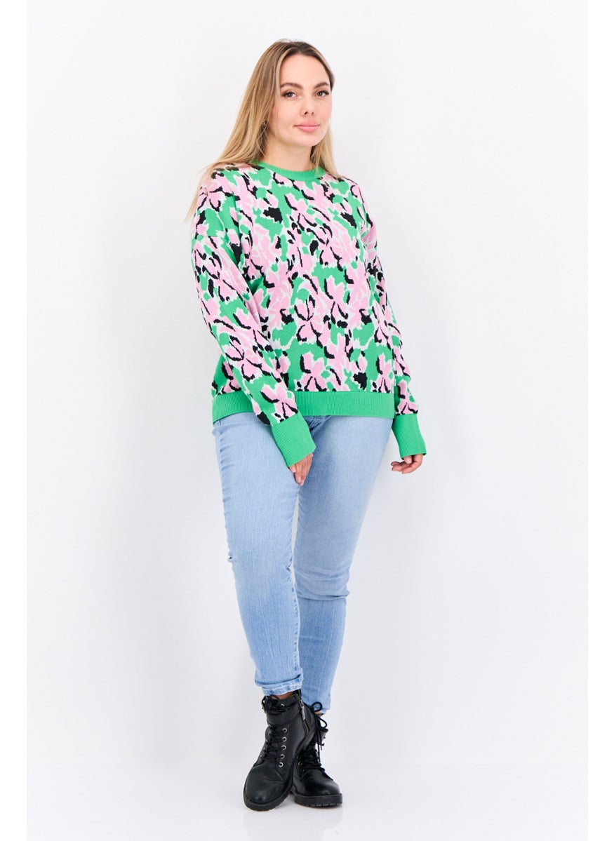 Women Crew Neck Long Sleeves Allover Print Sweater, Pink