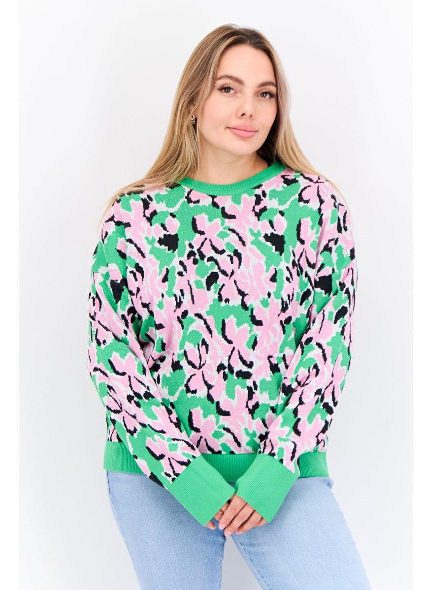 Women Crew Neck Long Sleeves Allover Print Sweater, Pink