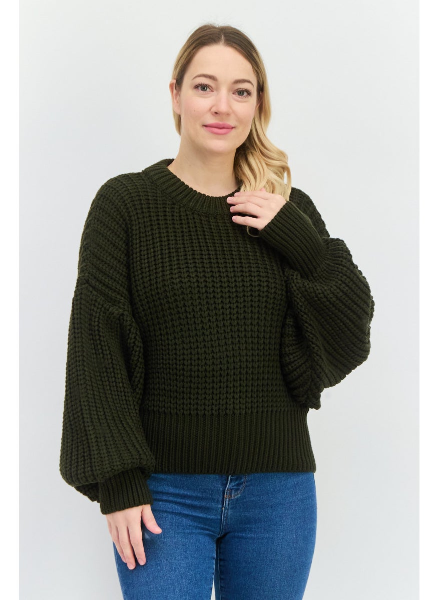 Women Crew Neck Long Sleeve Knitted Sweater, Dark Green