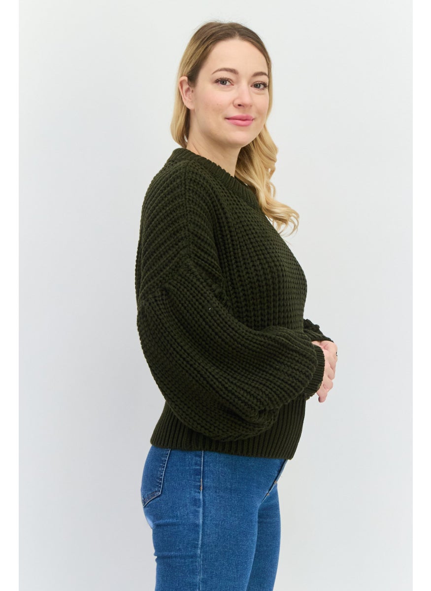 Women Crew Neck Long Sleeve Knitted Sweater, Dark Green