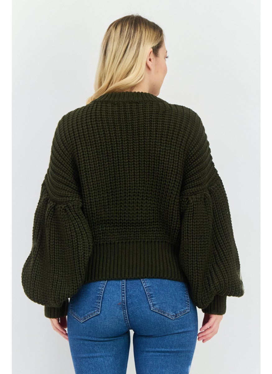 Women Crew Neck Long Sleeve Knitted Sweater, Dark Green