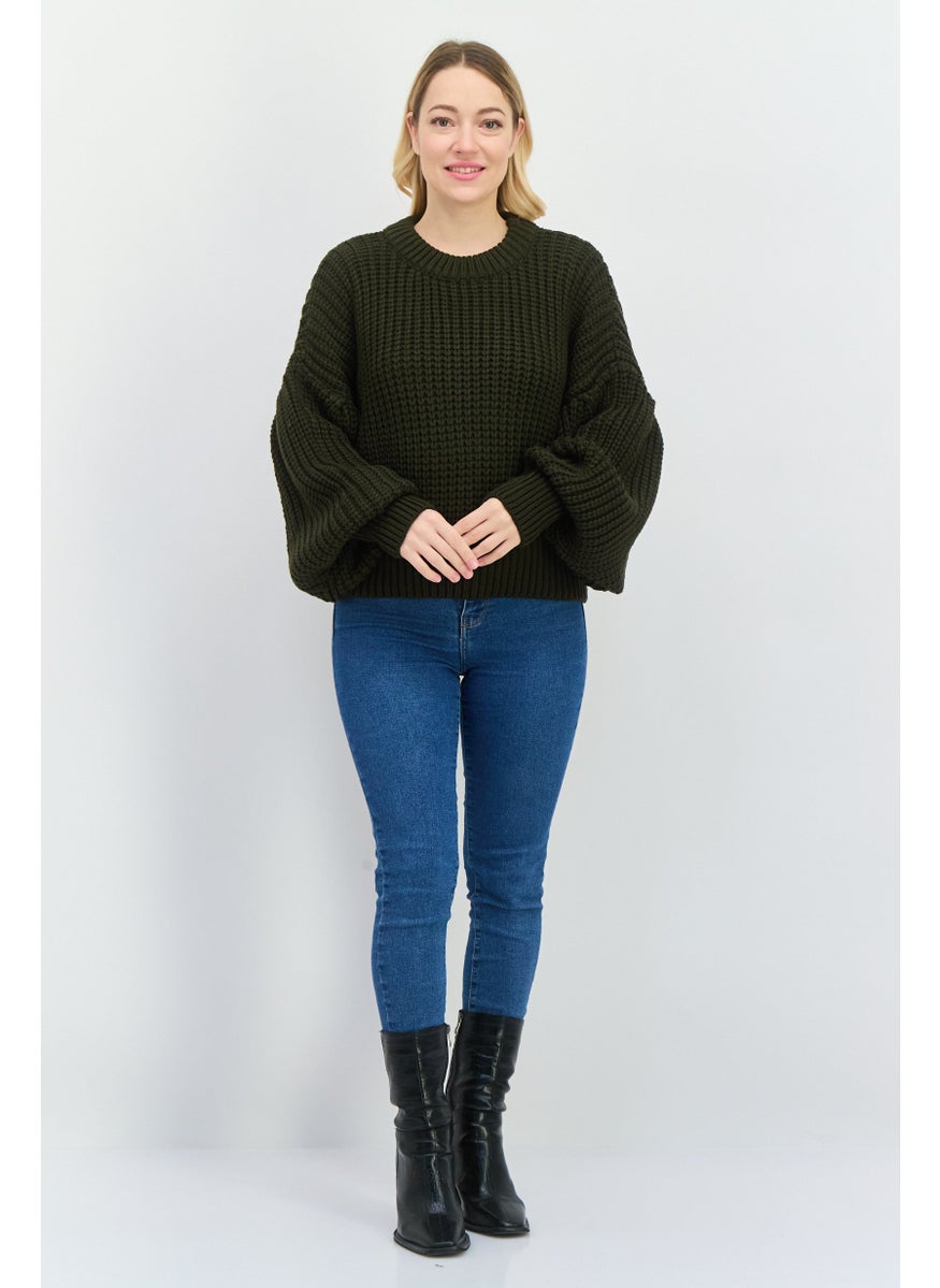 Women Crew Neck Long Sleeve Knitted Sweater, Dark Green