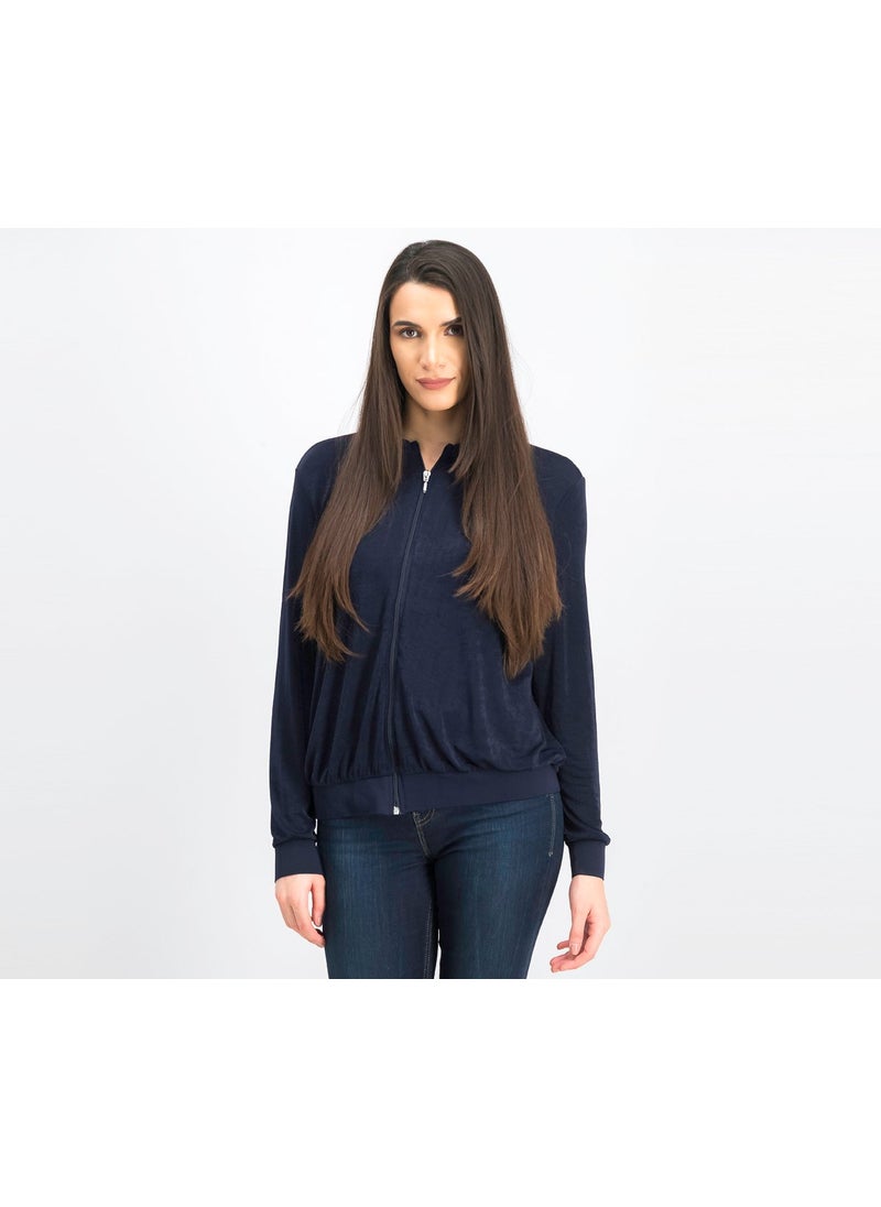 Women Knit Bomber Sweater, Navy
