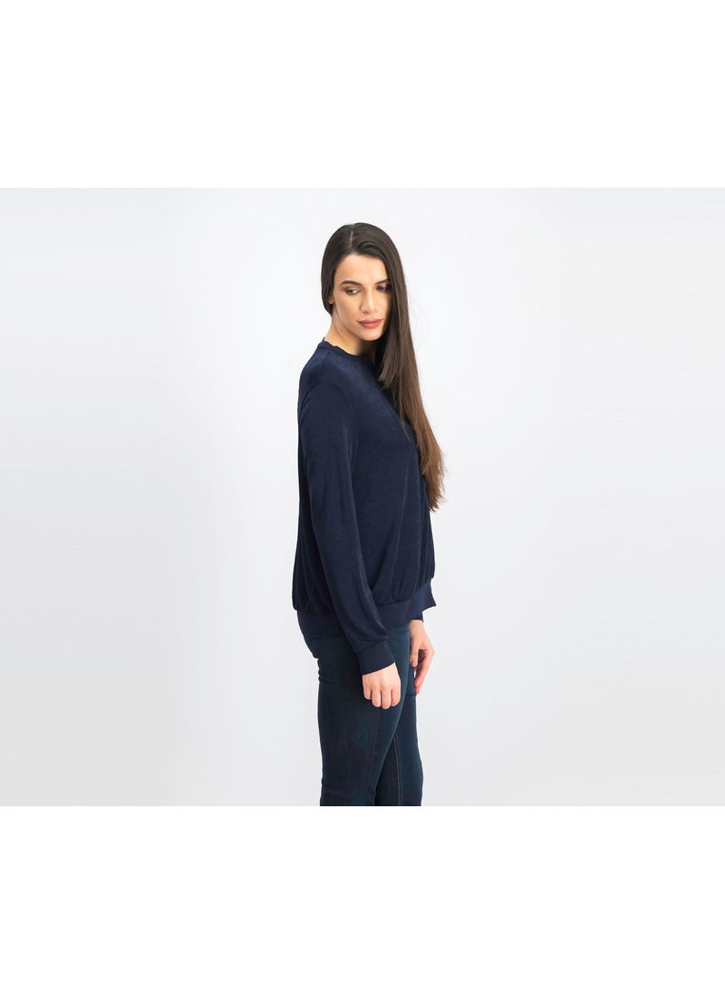 Women Knit Bomber Sweater, Navy