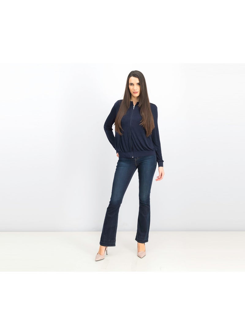 Women Knit Bomber Sweater, Navy