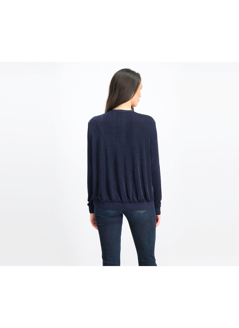 Women Knit Bomber Sweater, Navy