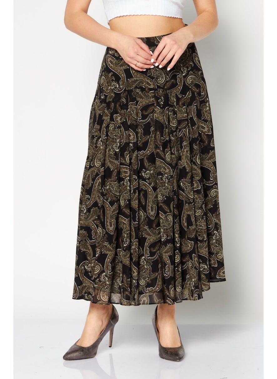 Women Floral Print Maxi Skirt, Black