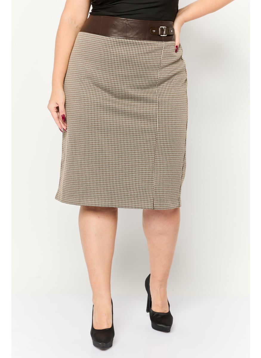 Women Plus Size Houndstooth Midi Skirt, Brown Combo