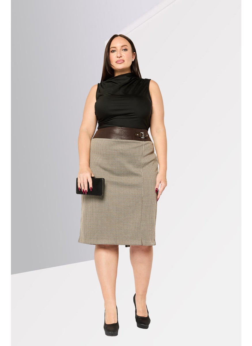 Women Plus Size Houndstooth Midi Skirt, Brown Combo
