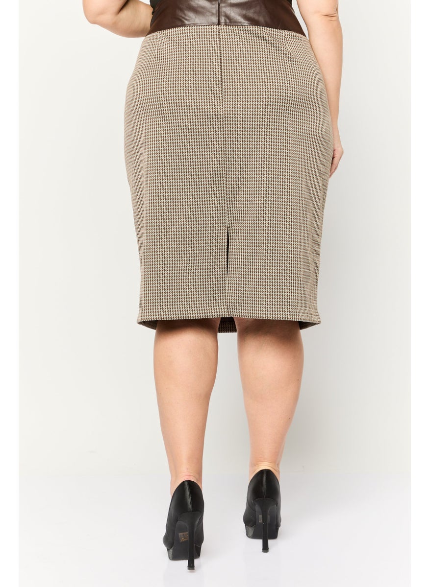 Women Plus Size Houndstooth Midi Skirt, Brown Combo