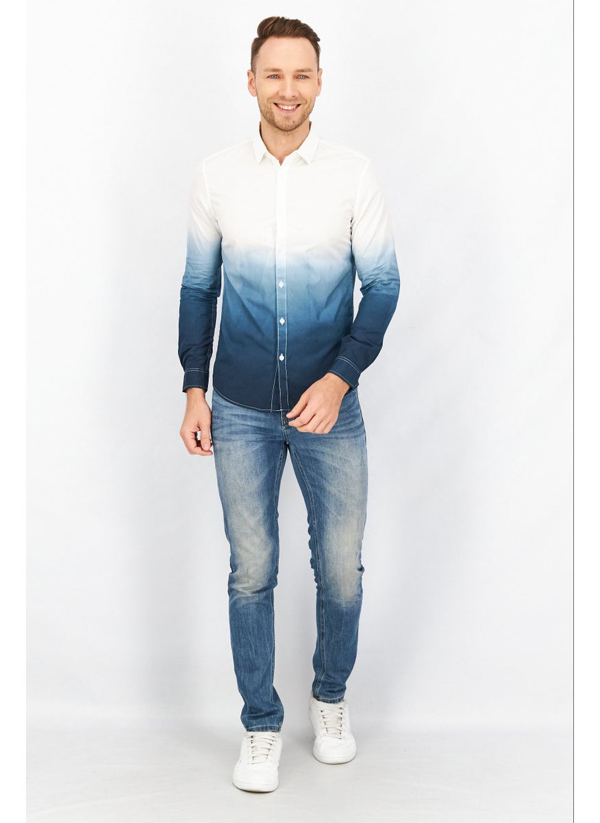 Men Slim Fit Ombre Long Sleeves Casual Shirt, White/Blue