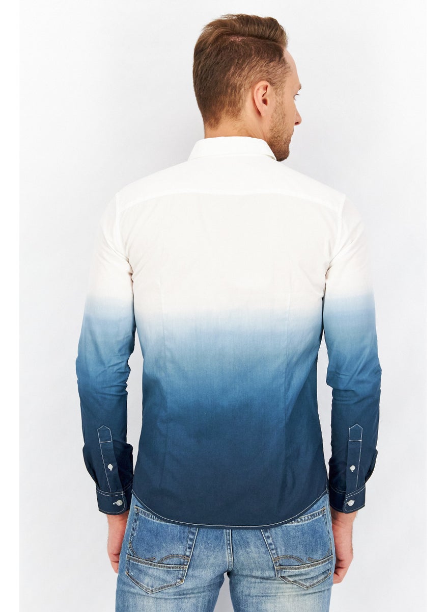 Men Slim Fit Ombre Long Sleeves Casual Shirt, White/Blue