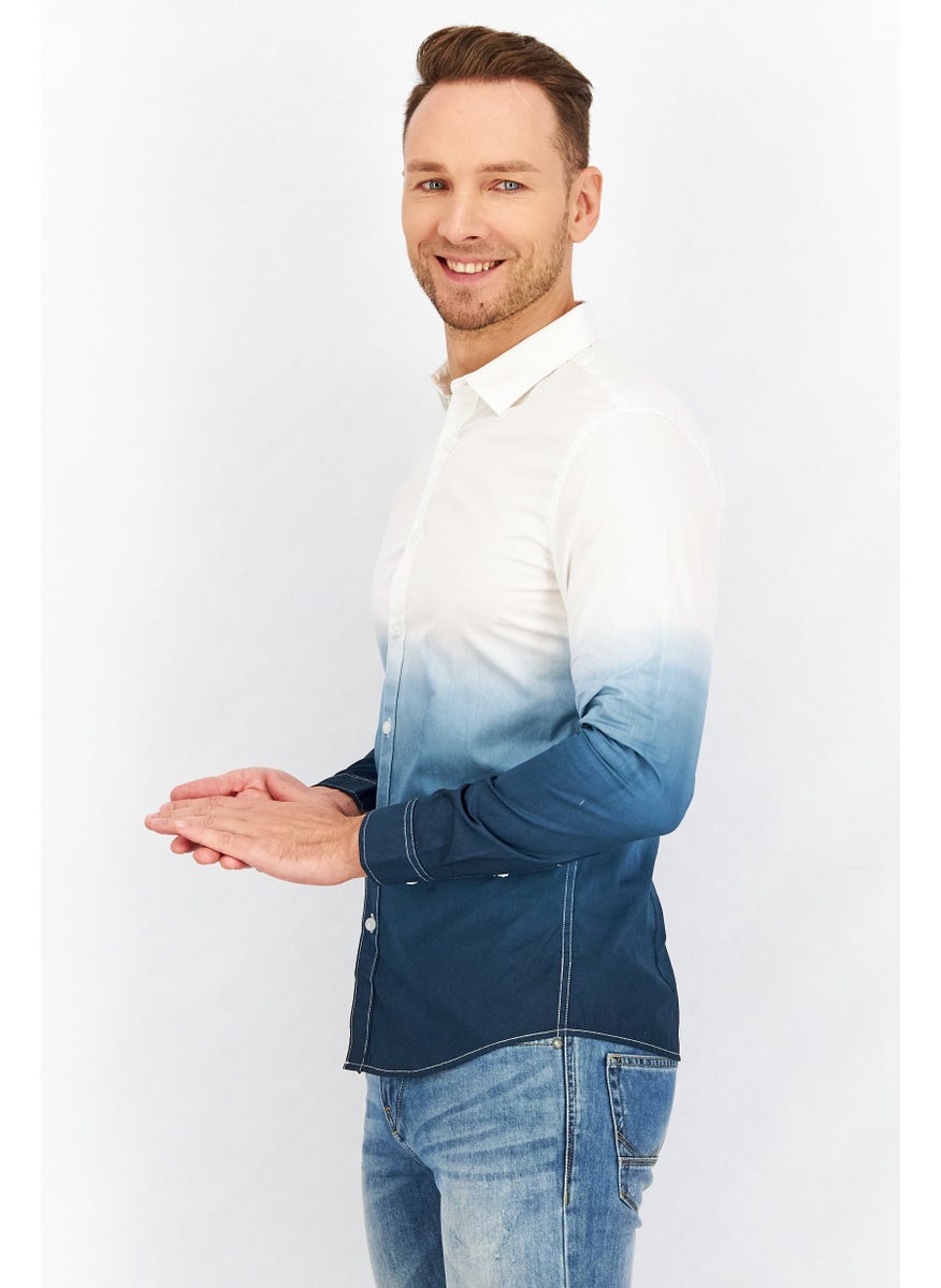 Men Slim Fit Ombre Long Sleeves Casual Shirt, White/Blue