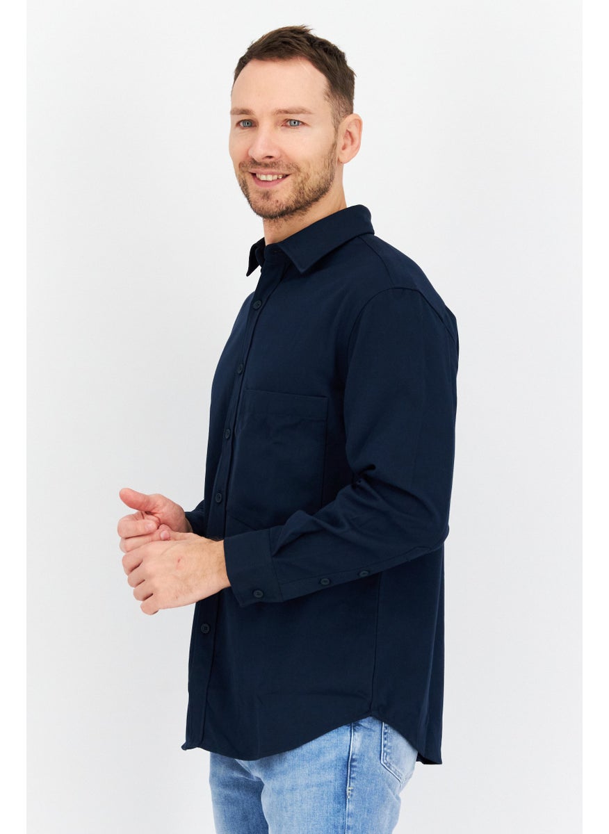 Men Regular Fit Pointed Collar Long Sleeves Solid Casual Shirt, Navy