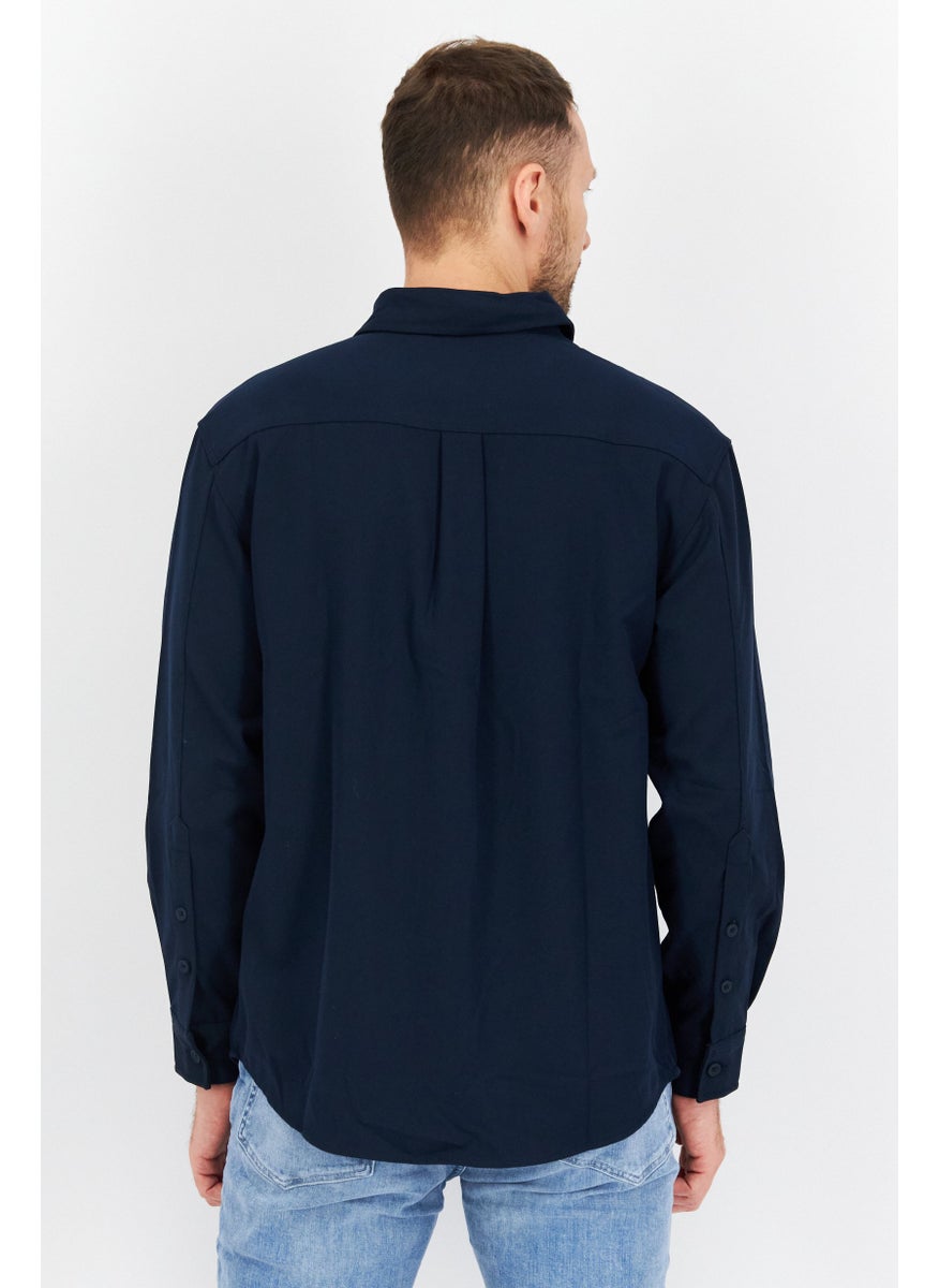 Men Regular Fit Pointed Collar Long Sleeves Solid Casual Shirt, Navy